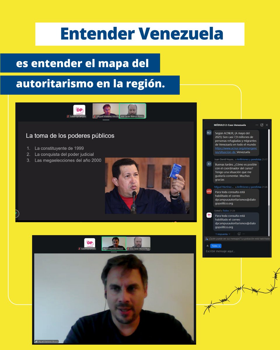 dplatinoamerica's tweet photo. ¿Qué explica la permanencia del autoritarismo en Venezuela durante más de dos décadas?

 En el #DPCampus Autoritarismos en América Latina analizamos el caso venezolano junto a José Javier Blanco Rivero, Dr. en Ciencias Políticas, para comprender cómo se construyó y sostuvo el proyecto bolivariano, cuáles son las bases del poder totalitario y cuál es el estado actual de la democracia en el país.  

🇻🇪 Entender Venezuela es también entender cómo opera y se sostiene el autoritarismo en América Latina.  

👉 Si participaste, cuéntanos: ¿qué te pareció?