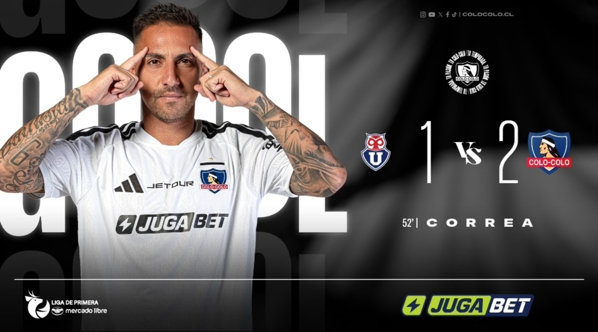 ColoColo's tweet photo. ⏰ 52' | Universidad de Chile 1️⃣ - 2️⃣ Colo-Colo 

Golazo de cabeza de DON MARCELO JAVIER CORREA tras un gran centro la conectó y colocó el segundo gol de Colo-Colo 🤟🏻🤍🖤 https://t.co/FpGawWA6kB