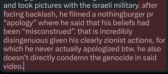 wiwnmik's tweet photo. @FilmGeekStacey @matchask4ta he was handing out “zionism is sexy” stickers, said “you either stand with israel or you stand with terrorism”, said “let’s stop the rhetoric and choosing sides” when one “side” is committing a fucking genocide, was liking zionist posts
and took pictures with the israeli military https://t.co/siuSQV8AWg