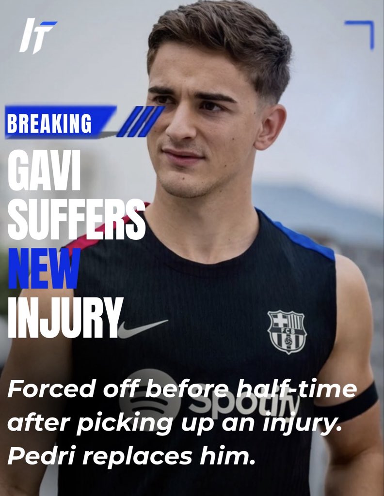 InjuryTimee's tweet photo. 🚨🇪🇸 BREAKING: GAVI INJURED!

Gavi has picked up a new injury late in the first half vs Elche and had been forced off.

🇪🇸 Pedri comes on in his place.

More updates to follow. ⏳🏥

#FCBarcelona https://t.co/uZ3ok3ewu1