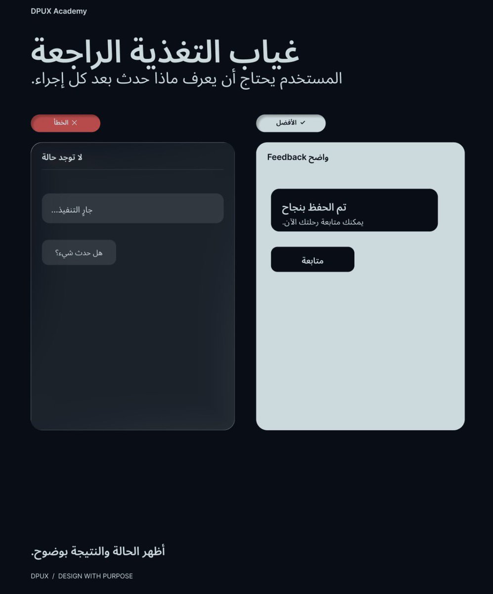 AcademyDPUX's tweet photo. الخطأ الثامن: غياب التغذية الراجعة ❌

المستخدم يحتاج أن يعرف ماذا يحدث بعد كل إجراء يقوم به.

رسالة واضحة مثل «تم الحفظ بنجاح» أو «جارٍ التنفيذ» تطمئن المستخدم وتجعله يعرف أن الإجراء تم بالشكل الصحيح. ✓

#UX #تجربة_المستخدم #UIUX https://t.co/yDIEOZYytT