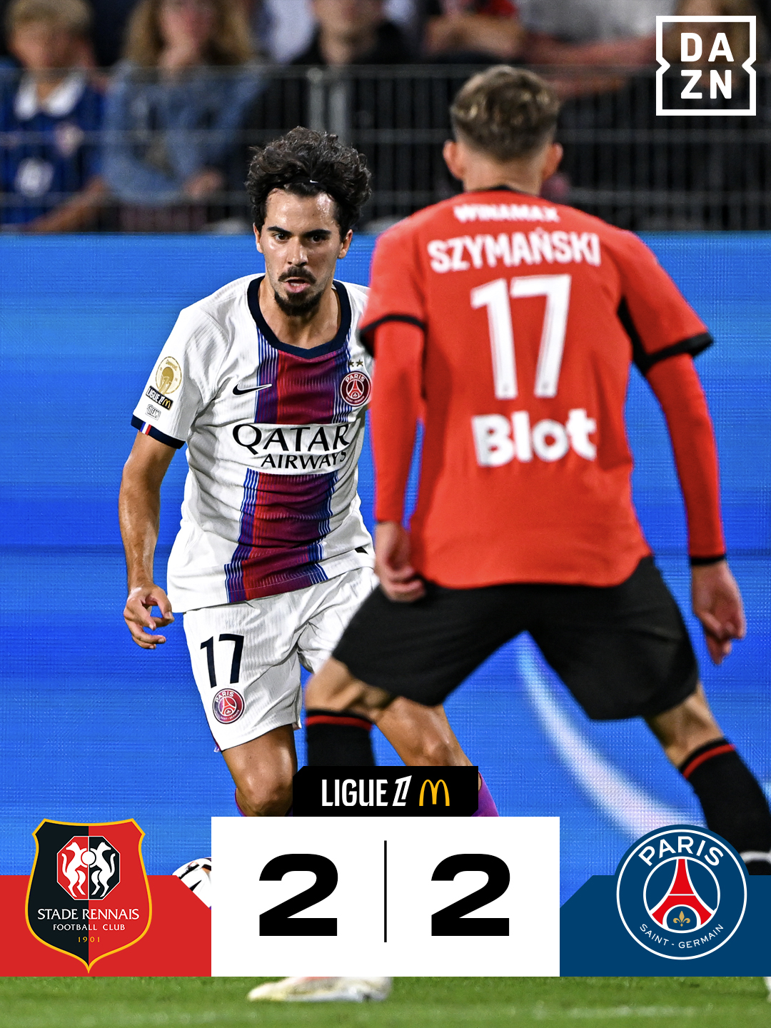 🔚 | Match nul 2-2 entre le Stade Rennais et le PSG après un match plei...