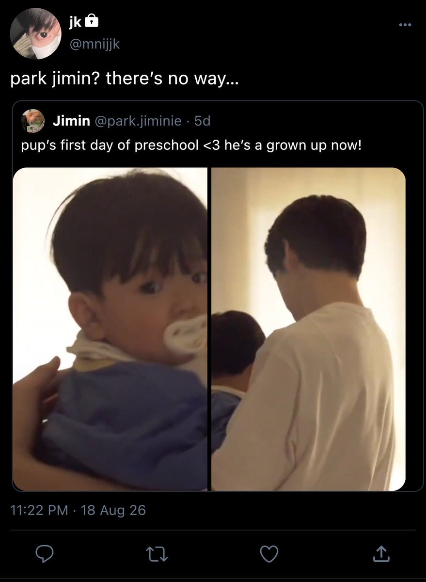 ggukliiety's tweet photo. #jikookau | 'like him'

jeon jungkook is a famous rapper and has no idea that his one-night stand with jimin resulted in an unexpected pregnancy.

jimin kept it as a secret, until a photo of his pup goes viral and the world notices the kid looks just like jungkook. https://t.co/zIxvitZ0DC