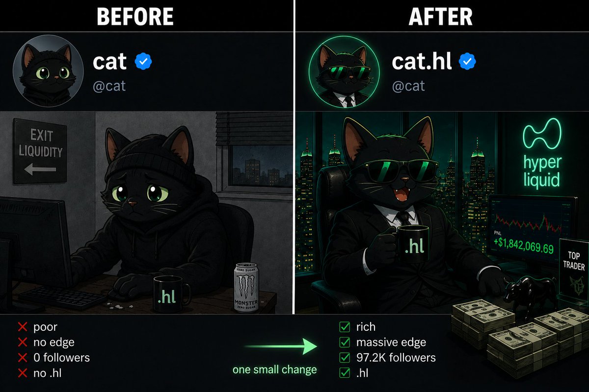 hyperliquidcult's tweet photo. Before and after .hl:

I have some stuff cooked up for tomorrow, but for now I will get some sleep. Get in people's replies, make us known, spread the word.

.hl is just getting started. https://t.co/GMIVrJYZ0P
