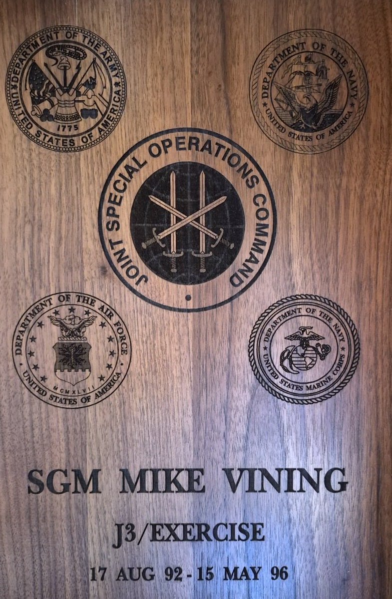BlastingThrough's tweet photo. I enjoy seeing your achievements, so share a plaque or award you earned. 
This is a plaque that was presented to me when I left the Joint Special Operations Command (JSOC), J-3 Exercise Branch. I was the Exercise Sergeant Major. I then left to become the J-3 Special Plans Sergeant Major.  I would help find exercise sites, help plan exercise scenarios, and I would be the controller on the Ranger target. We did four Joint Readiness Exercises (JRXs) per year and a number of Emergency Deployment Readiness Exercises (EDREs).  During my JSOC time, I was assigned to Delta, but for duty at JSOC.