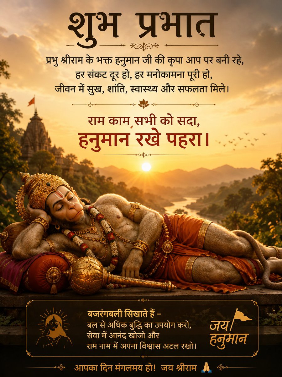 IndianArmyOp5's tweet photo. हनुमान जी कहते हैं—
“चिंता मत करो,
जिसका भरोसा श्रीराम पर होता है,
उसका रास्ता हनुमान स्वयं आसान कर देते हैं।” 🔱
आज का दिन विश्वास, साहस और सकारात्मक सोच के साथ शुरू करें।
जय श्रीराम 🙏 जय बजरंगबली 🚩 https://t.co/OTjAzc1auL