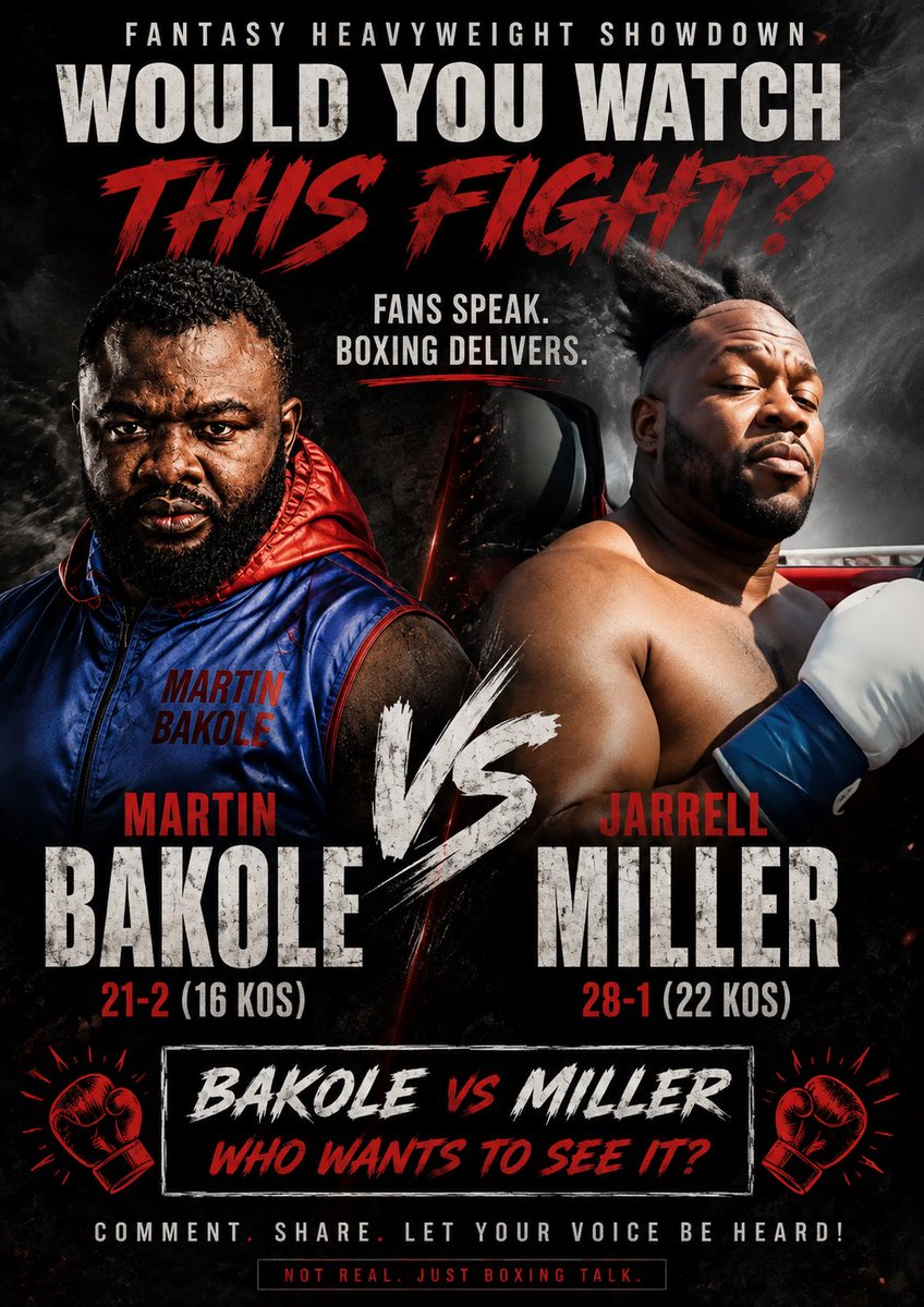 AlexiaApples's tweet photo. MARTIN BAKOLE VS JARRELL MILLER😱🔥 BOXING FANS!!

Would you be interested in seeing this heavyweight showdown?

Who would win this bout? Martin Bakole 🇨🇩 or Jarrell Miller ?🇺🇸

#TheBeautyInBoxingMedia #Boxing https://t.co/NaDPDxR9t3