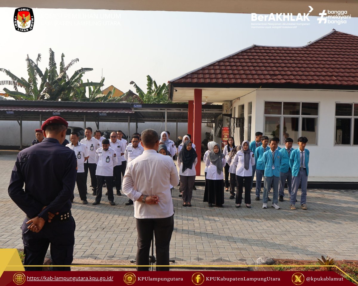 kpukablamut's tweet photo. #TemanPemilih, Komisi Pemilihan Umum (KPU) Kabupaten Lampung Utara melaksanakan Apel rutin, bertempat di Halaman Kantor KPU Kabupaten Lampung Utara, Senin (24 Agustus 2026).

#kpumelayani
#kpulampung
#kpukabupatenlampungutara https://t.co/qbpwAsrxfz