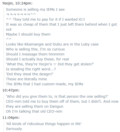 litell_johnn's tweet photo. Chat highlights: Yeojin discovers someone selling her old IEMs online (260823)

Text links:
https://t.co/pyQnufJ9vV https://t.co/haYobgztTb