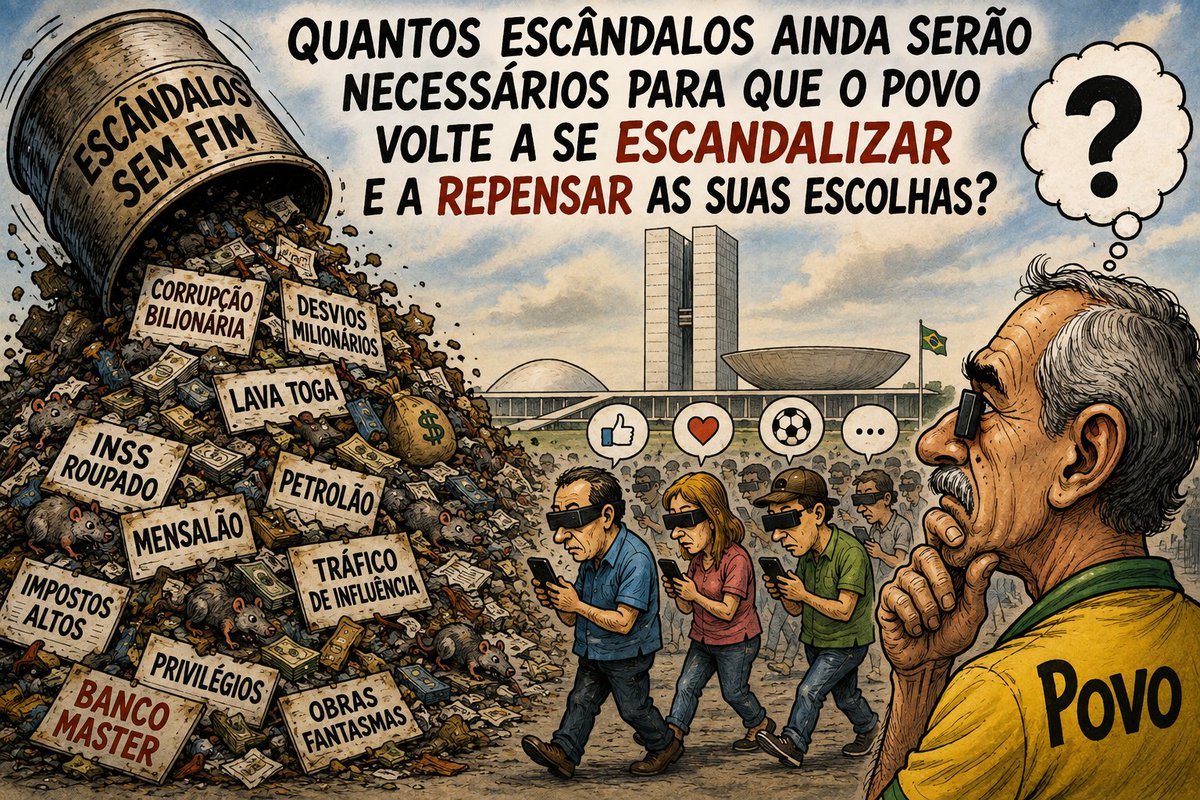 GenPauloChagas's tweet photo. QUANDO O ESCÂNDALO VIRA ROTINA

O Brasil está chegando a um ponto perigoso: a corrupção deixou de provocar indignação e passou a se constituir em apenas mais um episódio no noticiário.

Surge um escândalo envolvendo Lulinha, com conexões com um tal de "Marcola", o chamado “Careca do INSS”, lobistas, dinheiro público e até uma mansão no Lago Sul que servia de endereço para articulações destinadas a aproximar interesses privados do poder – inclusive com suspeitas que chegam ao entorno do Presidente da República, Lula da Silva.

E qual é a reação de boa parte do país? Nenhuma!

Qual foi o reflexo disso no resultado das pesquisas eleitorais? Nenhum!

Esse é o aspecto mais assustador do “Brasil polarizado”: não é apenas a suspeita de corrupção que preocupa, é a capacidade de banalizá-la como se os milhões do Vorcaro para o Dark Horse já fosse "página virada".

Um país se torna verdadeiramente vulnerável à corrupção quando a sociedade desenvolve uma esp��cie de imunidade moral ao escândalo.

Quantos escândalos ainda serão necessários para que o povo volte a se escandalizar e a repensar as suas escolhas?