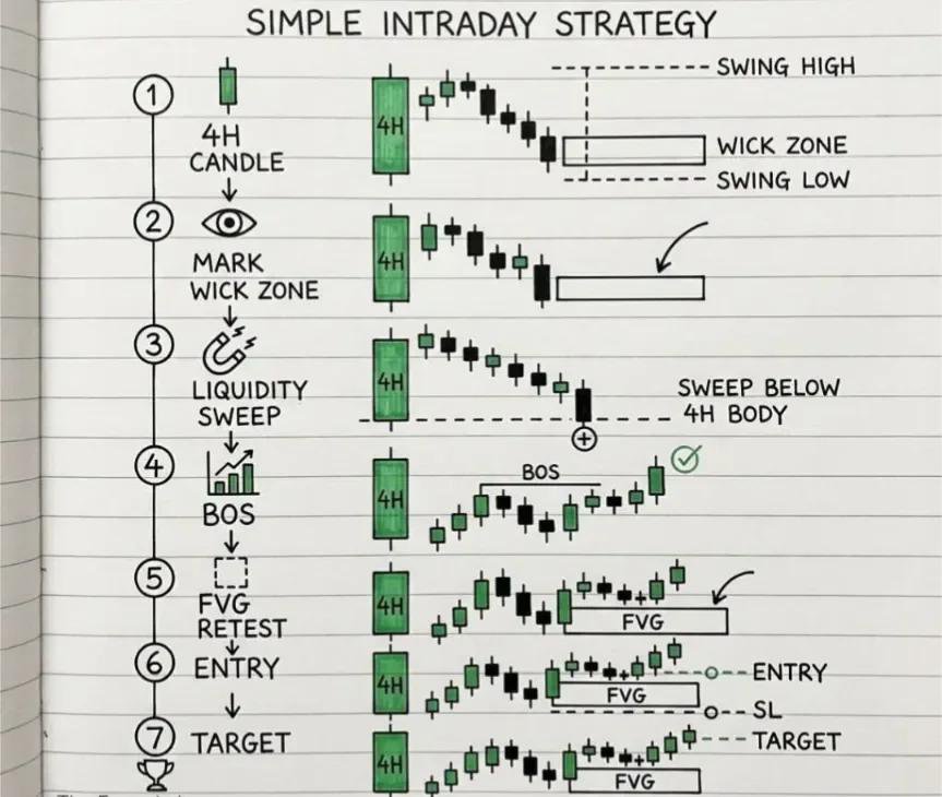 studybitcoins's tweet photo. SIMPLE INTRADAY STRATEGY.

 Step into precision trading:

1️⃣ 4H candle sets the framework

2️⃣ Mark wick zones for liquidity

3️⃣ Spot sweeps & break of structure

4️⃣ Wait for FVG retest

5️⃣ Execute entry, set stop loss, hit target.

 Discipline + structure = consistent intraday wins.