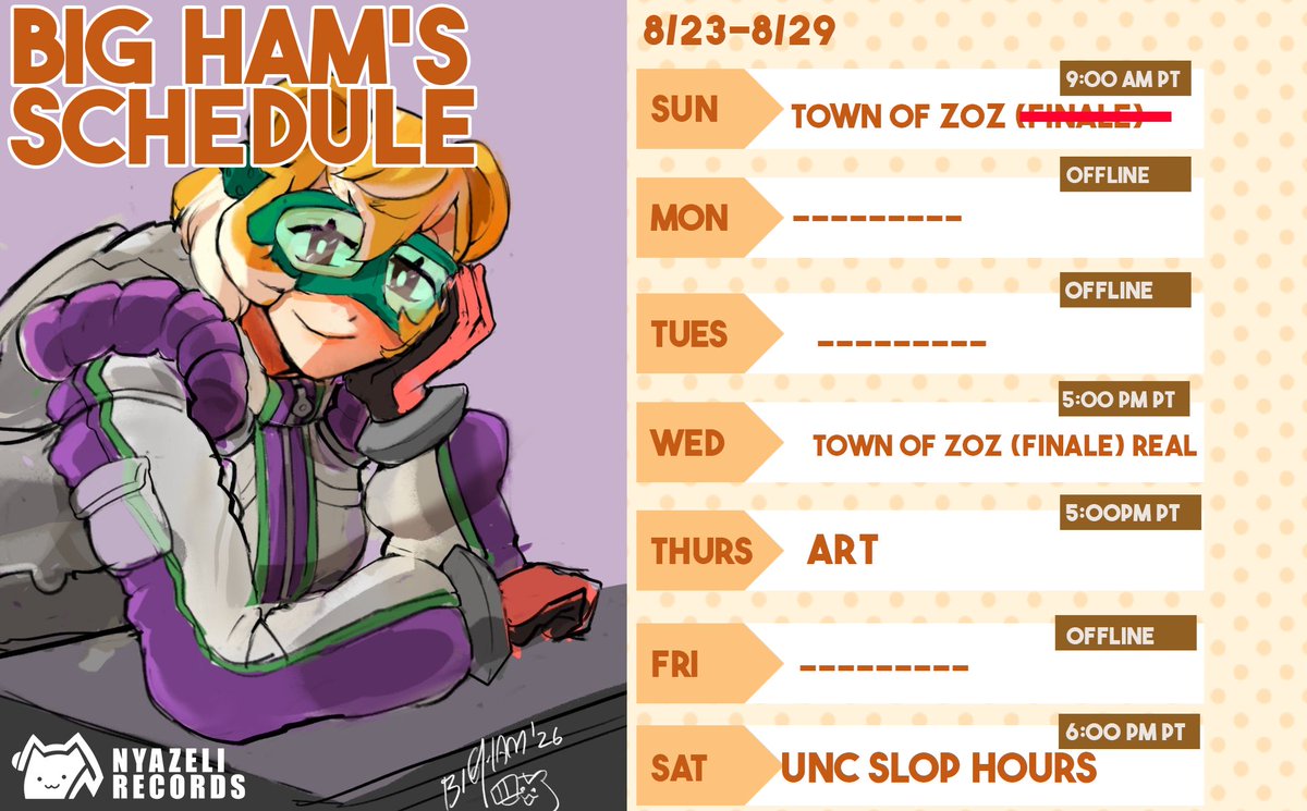 BIGHAM_vt's tweet photo. 👊[ WEEK OF 8/23- 8/29 Schedule ]
🎨art tag: #bighamART
🎬clips tag: #CLIPHAM
General tag: #BIGHAM #BIGHAM_vt

Sorry schedule update! We didnt beat zoz but have decided to beat it wednesday and switched thursday to an art stream! :-) i will enjoy peace walker offline 4 now https://t.co/91aKjUw8Bw