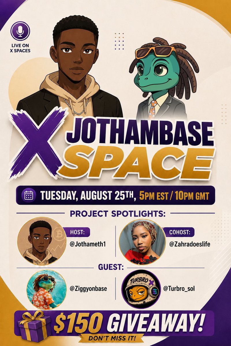 BTC__Rasheed's tweet photo. COMMUNITY, WE’VE GOT A DATE. 👀

This Tuesday, August 25th at 5PM EST / 10PM GMT, we’re taking over the timeline with a special @Jothameth1 Space.

I’ll be joined by @zahradoeslife as we get into the real alpha behind @ZiggyOnBase x @Turbro_Sol  community updates, 

what’s coming next, and the developments you need to know about.

But there’s more…

LIVE AMA with the teams
Your questions, answered
$150 LIVE GIVEAWAY

If you’ve been watching $ZIGGY or $TURBRO, this is one Space you don’t want to miss.

Set the reminder. Bring your questions.
We’ll see you there.

🔔 https://t.co/cLMYc5Zcr5…
