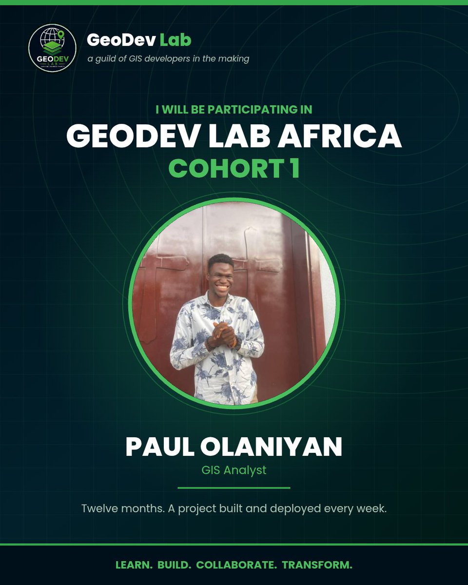 PaulToluwaleyi's tweet photo. I will be participating in GeoDev Lab Africa, Cohort 1.
12 months. A curriculum every month, a project built and deployed every week, and a community doing it alongside me.
Africa has no shortage of GIS talent.
@Esri @EsriYPN @geodevlabafrica
#GeoDevLab #GIS #GeoAI #GISDeveloper https://t.co/AxFh7C27Fk