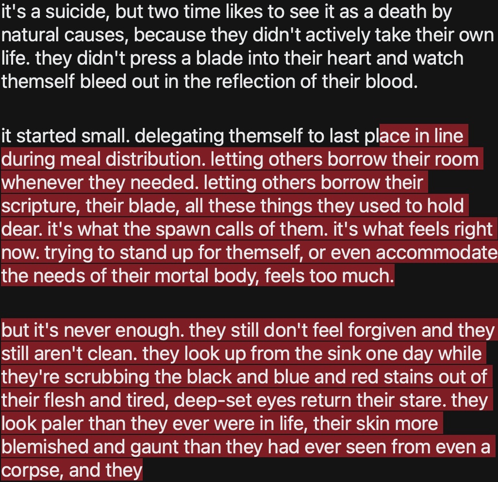 shu_mine7's tweet photo. //straw page

artistically them dying from hanahaki disease (as the nightshade skin shows) is really fun. however, lore-wise, I'm a fan of them getting forsakened on the verge of death.

//suicide mention, description of depression post-sacrifice https://t.co/WjlTFusVxS