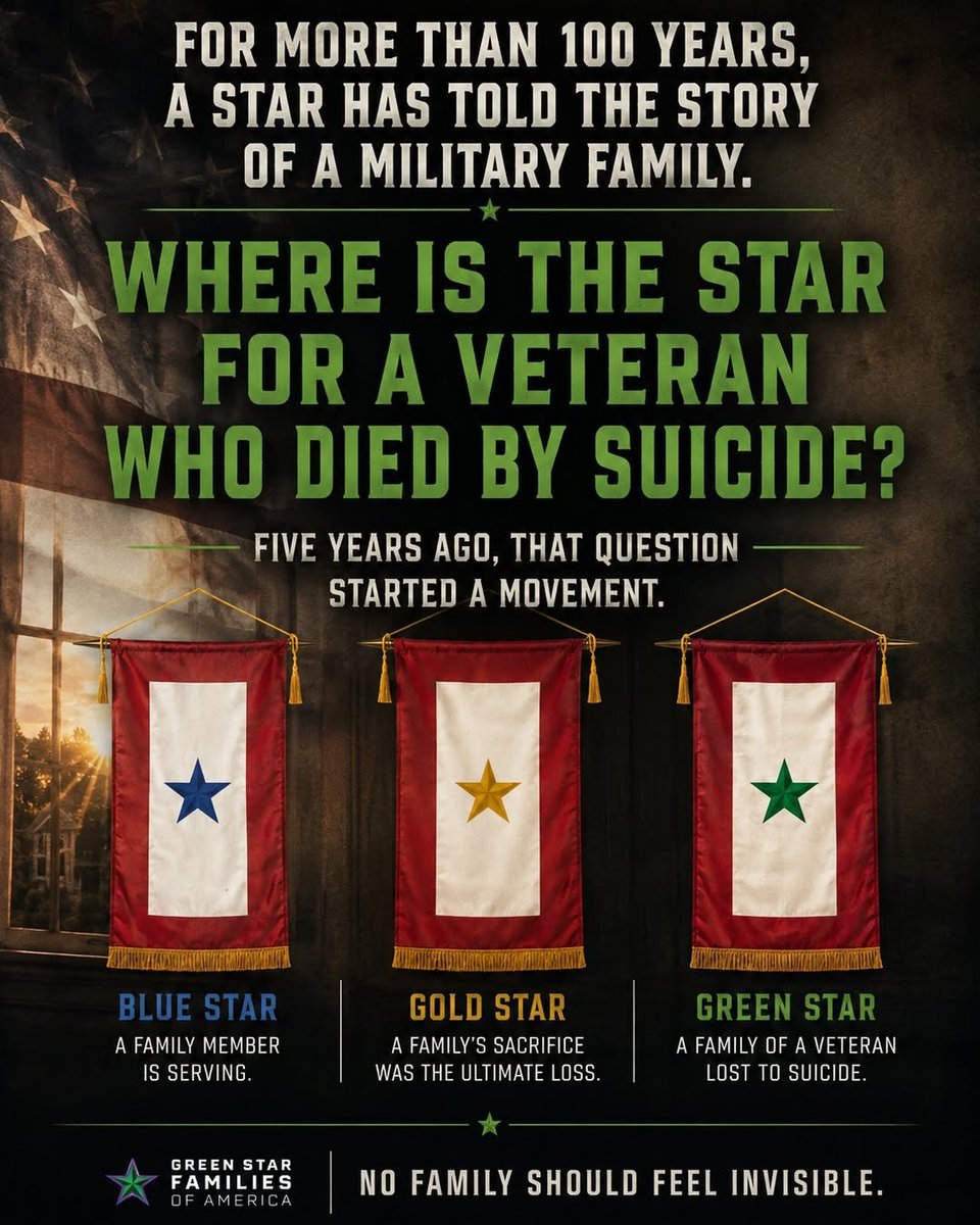 GreenStarFamily's tweet photo. For 100+ years, a star in the window told a family's story: Blue for serving, Gold for a service member lost.
But no star existed for the Veteran who came home and later died by suicide, until Green Star Families of America.
Your Veteran served. Their loss matters.
#GreenStarFamilies #veterans #mentalhealth #suicide