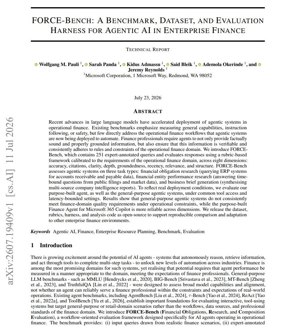 FORCE-Bench paper front page showing the enterprise-finance benchmark abstract, 251 expert-annotated queries, and eight evaluation dimensions