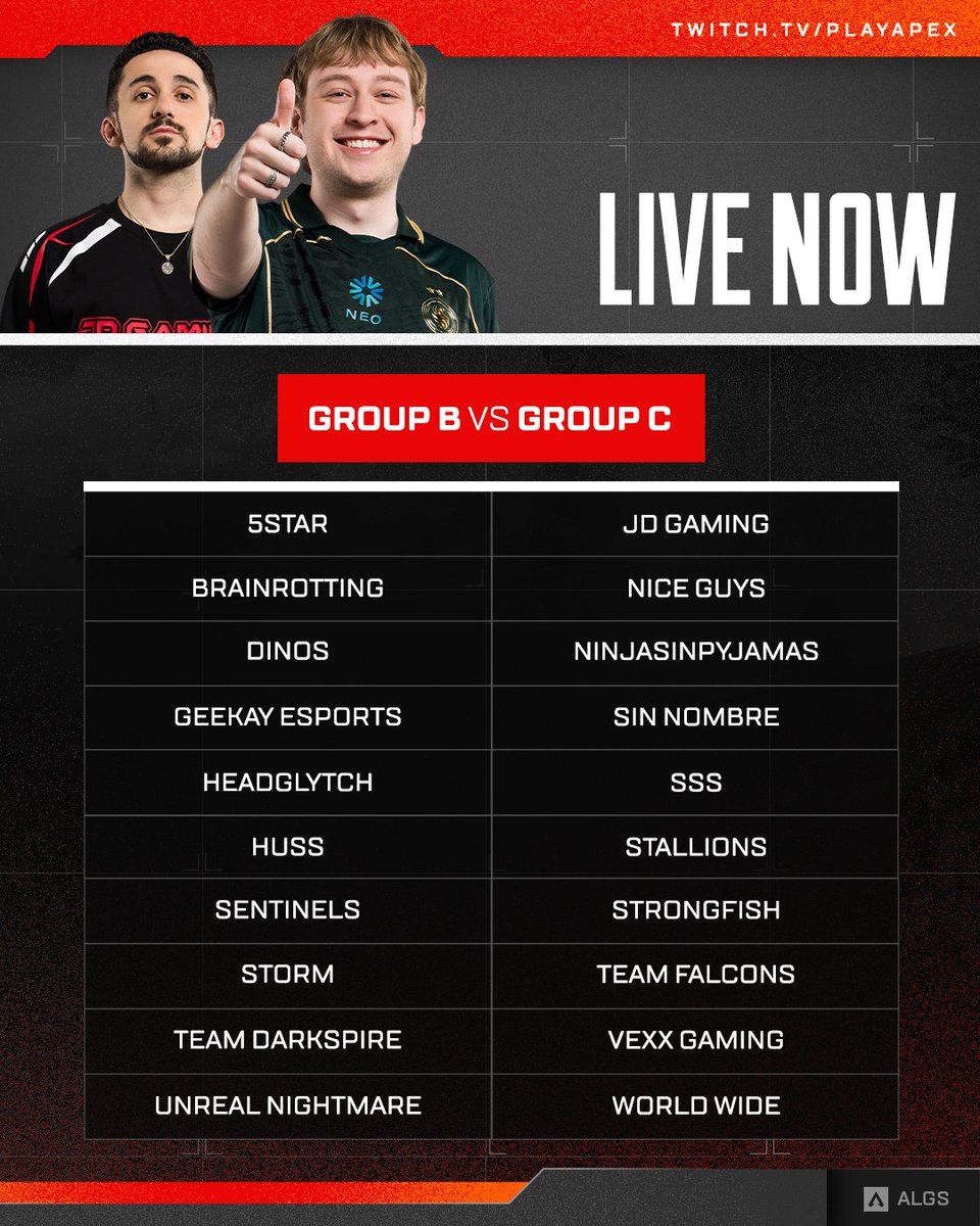 PlayApexEsports's tweet photo. Match Day #3's final act 🎭✨

We are LIVE once again with the Americas!

📺 https://t.co/H7Qkl4s0tO 
🟣 https://t.co/3DmveoG4wD
🔴 https://t.co/6RsJAm3Pkj