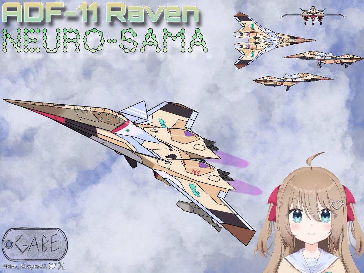 Gabe_SlayerA1's tweet photo. ADF-11 Raven "Neuro-Sama."

This is part of a project of mine, in which I turn various Vtubers into jets. Today we have Vedal's little creation, @NeurosamaAI! 

Stay tuned for more Vtubers! I also accept requests!
#VtuberAirForce #VTAF #Heartheartart https://t.co/06czUp0pOp