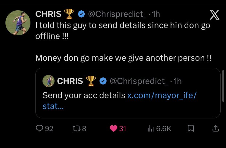 mayor_Ife's tweet photo. @Chrispredict_ Pls sir Chris 
You asked me to drop my account details earlier 

8163212173
OPay
Holy 

@Chrispredict_ pls help a brother https://t.co/eZPXgeAUlv