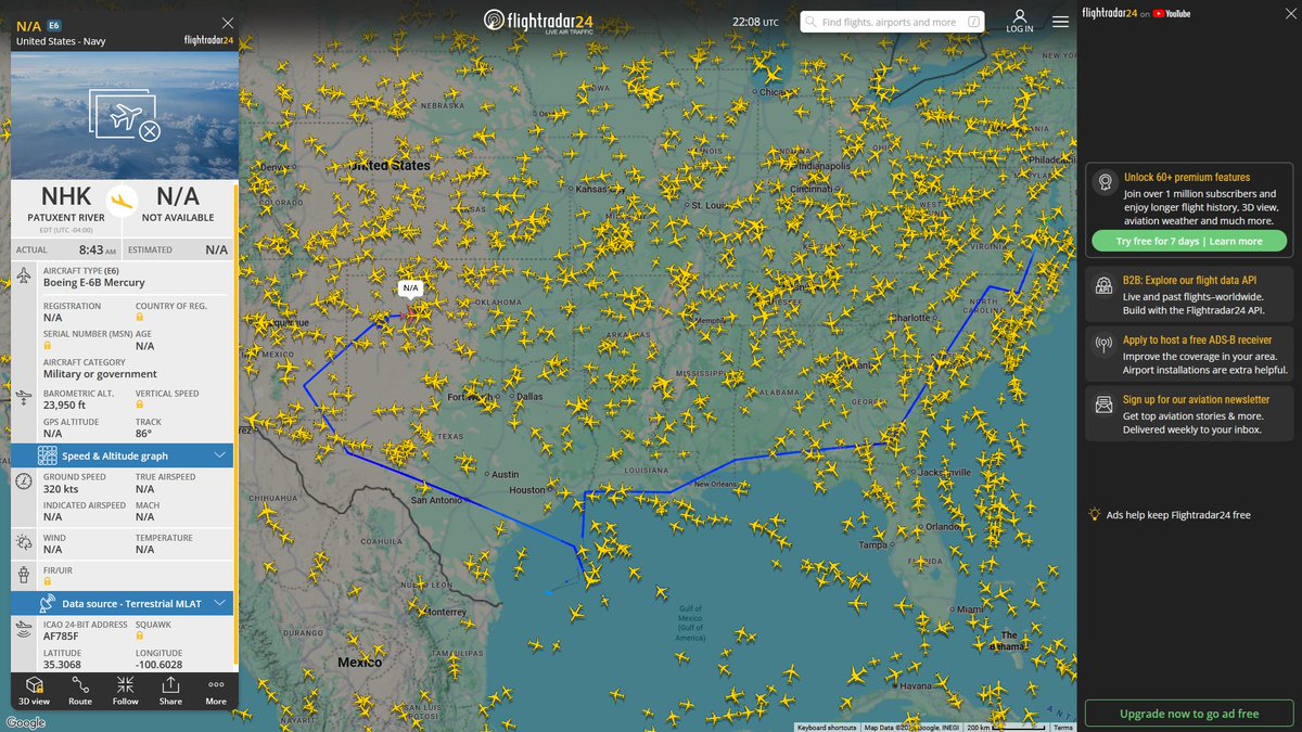 AIYeyENGDdJkjTr's tweet photo. Aug. 24, 2026
#Patuxent River NAS #Gulf of America ==> #Tinker Air Force Base, Oklahoma City
#NoCALLSIGN #AF785F USN E-6B Mercury
#Fairfield Travis Air Force Base ==> #Tinker Air Force Base, Oklahoma City
#NoCALLSIGN #AF1DCE USN E-6B Mercury https://t.co/EeW4vbioES