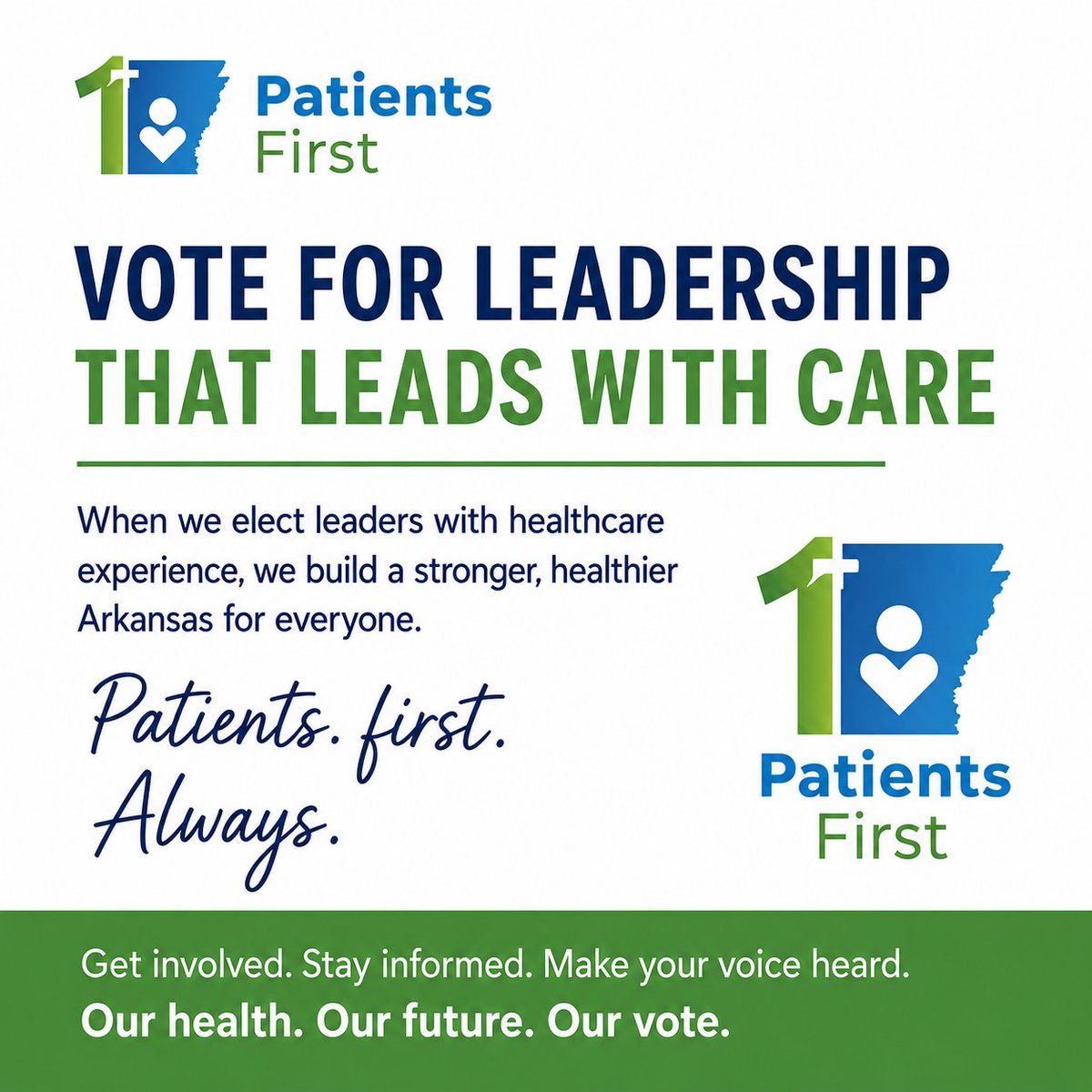 PatientsFirstAR's tweet photo. Healthcare professionals dedicate their careers to caring for others. When they step into public service, they bring that same responsibility with them. Arkansas needs leaders who understand healthcare firsthand, who value life and health, and who are willing to put patients ahead of corporate monetary gain.
#PatientsFirstPAC #PatientsFirst #ArkansasHealthcare #HealthcareLeadership #PatientAdvocacy #ArkansasPatients #PatientsOverProfits
