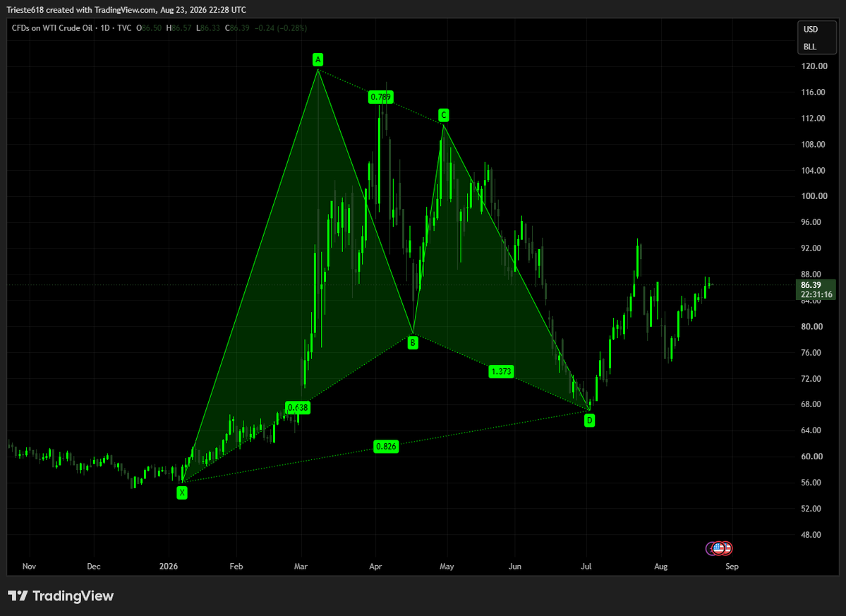 trinityxbt's tweet photo. Nice gartley on oil... $USO

Bullish on oil over the coming years... I've been buying oil stocks like $OXY and $AR https://t.co/riEk8fUAVm