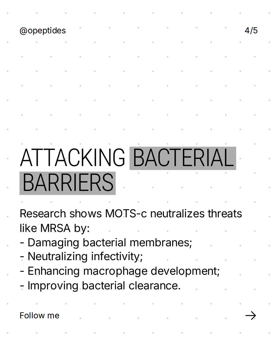 Opeptides's tweet photo. Mitochondria might defend you from infection, not just power your cells.

New research shows MOTS-C, a peptide encoded by mitochondrial DNA, behaves like a host defense molecule. It directly damaged bacterial membranes in E. coli and MRSA, and in a mouse model of MRSA peritonitis it fully neutralized infectivity.

It also pushed developing immune cells toward macrophages with better bacterial clearance.

Two fronts at once. Attacking the pathogen and training the defense.

Still animal data. Still early. But it rewrites what mitochondria are for.