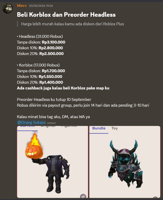 lakasude's tweet photo. pagii, aku masih open slot PO robux buat beli headless di oktober nanti yaa

yang minat atau mau nanya-nanya boleh langsung join discord atau WA di bio ya, karena perlu join grup 14 hari dan slotnya terbatas ^^ https://t.co/lPcXcLabS0
