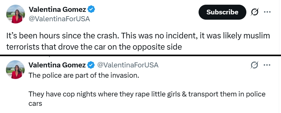 GBNews23653867's tweet photo. 🚨Racist bitch Valentina Gomez claimed the Mbro crash that killed 2 police officers was a Muslim terrorist attack, when it was proven to be 5 white criminals she then said the cops "rape little girls &amp; transport them in police cars". We hope the families sue her!!! https://t.co/m5SR2VQ0PK