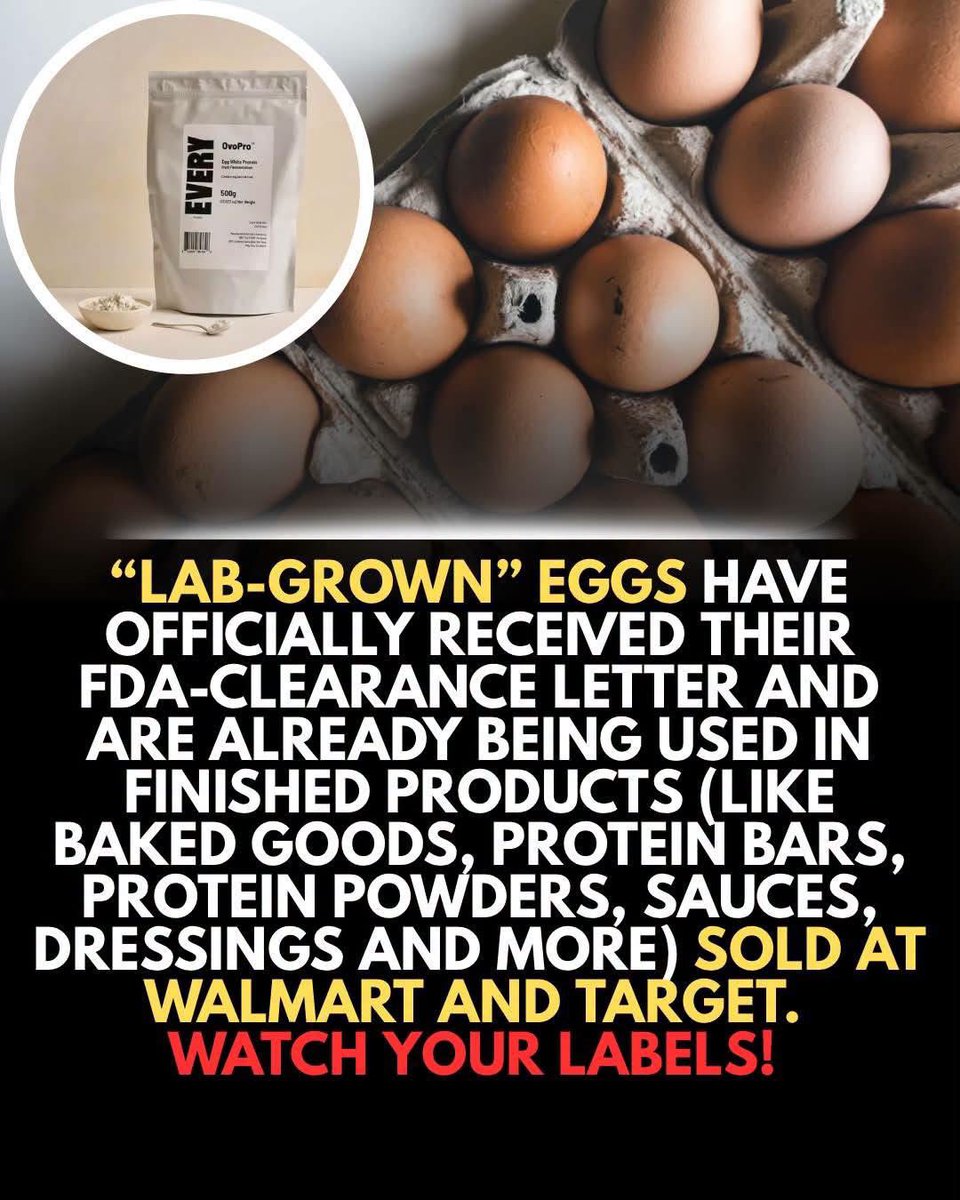 JBMAGA03's tweet photo. 🚨 “Lab-grown” egg protein is already in products at Walmart & Target.

It’s not whole eggs from a chicken. It’s precision-fermented egg white protein (ovalbumin) made by genetically programmed yeast — no hen required. The EVERY Company’s OvoPro got the FDA’s “no questions” letter on its GRAS notice in 2023 and is already being used in baked goods, protein bars, powders, sauces, and more.

Watch your labels. Real food still comes from actual farms and animals.