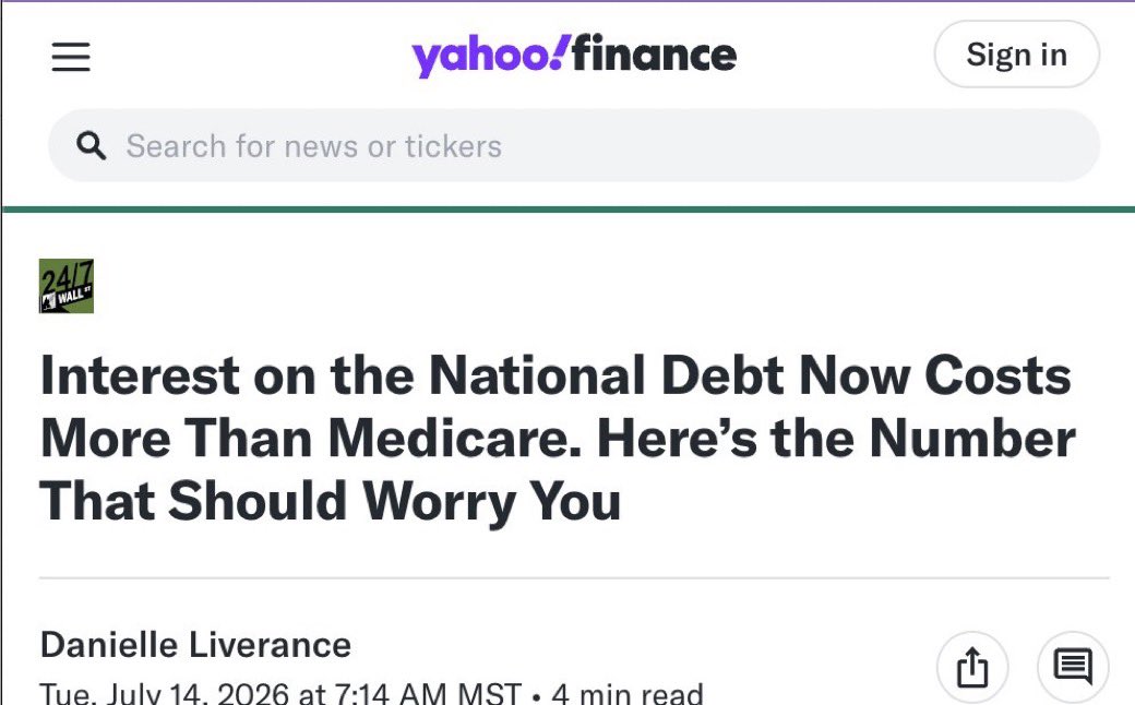itmtaylorkenney's tweet photo. The U.S. is paying $24 BILLION per week in interest on it's debt. 

MORE than Medicare. MORE than defense. 

We know how this ends. https://t.co/m3V6nRh7Ay