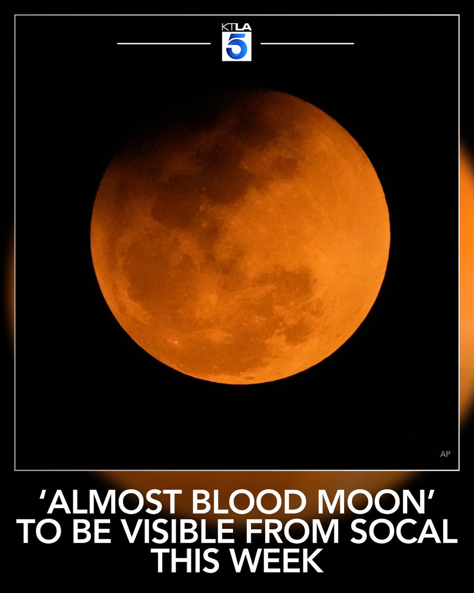 KTLA's tweet photo. Southern California skywatchers will have a chance to see an “almost blood moon” this week as a partial lunar eclipse darkens nearly the entire moon. https://t.co/hj9mOh0goO https://t.co/2ZvfMZBqie