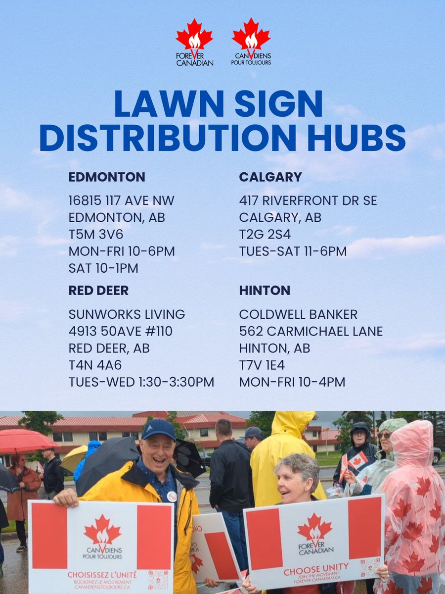 SerenaCMah's tweet photo. Unity Is Within Reach 🤝🍁

We have permanent distribution offices open!

#ForeverCanadian volunteers are ready to help you get your hands on our popular Unity Signs — a simple but powerful way to show that we stand together.

#ableg #abpoli #cdnpoli 
@LukaszukAB @ForCanMVMT https://t.co/0kSN7USgZW