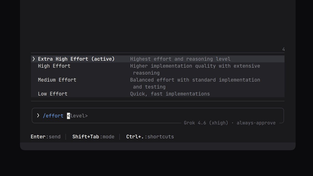 maestrooth's tweet photo. Btw: Grok Build has a xhigh effort mode, and most people never turn it on.

If you're stuck on something genuinely hard just type:

/effort

and switch to Extra High Effort.

That gives Grok 4.6 its deepest reasoning and implementation mode, for the problems that actually deserve it.

Try it and check out more Grok tips in the article below👇