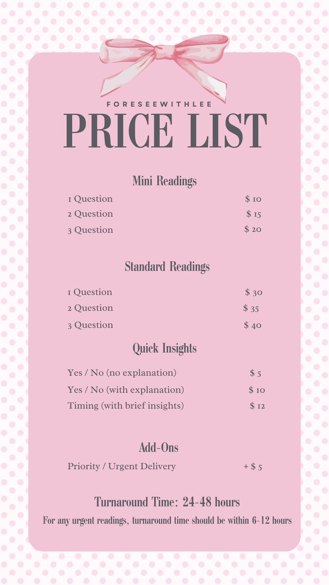 foreseewithlee's tweet photo. ☆ hello lovelies, i’ve been to do this for a while now but i’m excited to say that i’m officially opening tarot readings 💗

✦ Mini &amp; standard readings
✦ Yes/No &amp; timing questions
✦ Urgent readings available

Prices + T&amp;C below ♡
DM me if you’d like to book! 💌 https://t.co/Hq9Z0Ma0P6