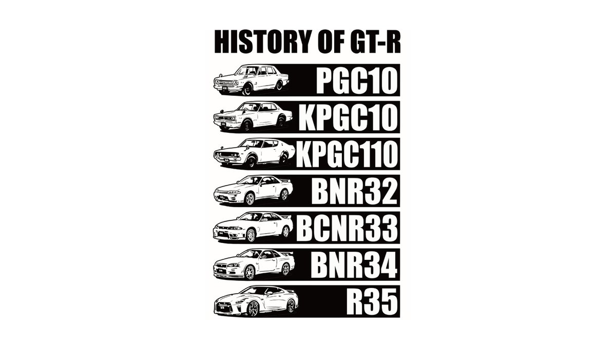 RawJPN81's tweet photo. Seven cars, seven chassis codes, one column down the front of a T-shirt, and not a single model name in sight. PGC10, KPGC10, KPGC110, BNR32, BCNR33, BNR34, R35. Officially licensed by Nissan. And that bottom row stopped being a car you could buy new in August 2025. Which code do your eyes land on first?