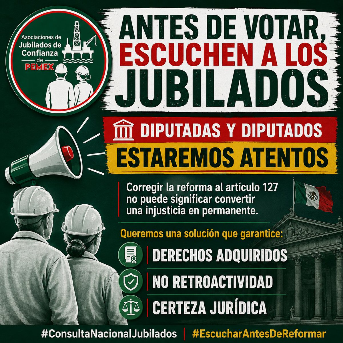 jubiladosPemex's tweet photo. Diputadas y diputados: lo que está en juego no admite una solución a medias.

La próxima discusión sobre el artículo 127 debe corregir la afectación, no volverla permanente. Las y los jubilados estaremos atentos a cada paso del proceso legislativo y defenderemos principios irrenunciables: derechos adquiridos, no retroactividad y certeza jurídica.

Nuestra voz también debe formar parte de esta decisión.

Antes de votar, escuchen a los jubilados.

#ConsultaNacionalJubilados #EscucharAntesDeReformar #DerechosAdquiridos #CertezaJurídica #MiPensiónEsGanada