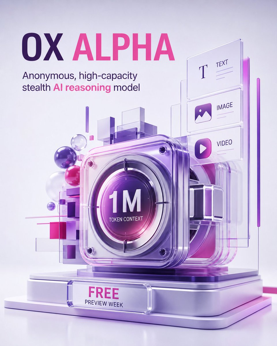 ikhanux's tweet photo. Ox Alpha just dropped on OpenRouter, anonymous, free, and packing 1M tokens.

Multimodal (text, image, video) and optimized for complex coding. Suspected Zhipu AI GLM variant. Free preview week only.

What's your take on this stealth release?

#AI #OxAlpha https://t.co/1O9ylCmEMX