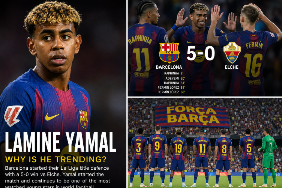 scrupulousblog1's tweet photo. Lamine Yamal is trending after starting Barcelona's 5-0 demolition of Elche in their La Liga opener. 🔥

He didn't get on the scoresheet, but the teenager remains one of the biggest names in world football. The expectations around him are enormous. 👀

#Barcelona #LaLiga https://t.co/uAW5WAoTZU