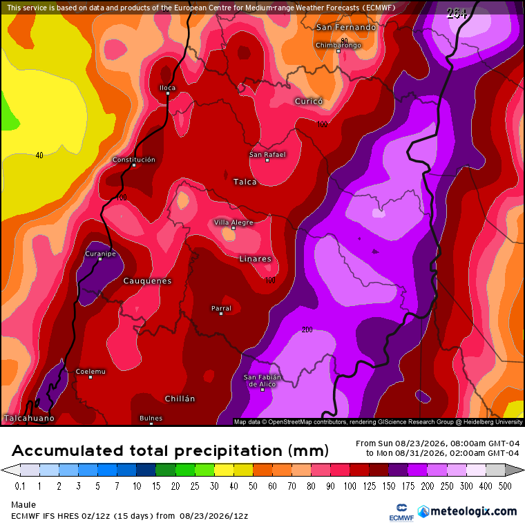 EdoWeatherman's tweet photo. Montos estimados del tren de sistemas frontales. No lloverá todos los días y habrá diferencias notorias en sectores dentro de una misma región. 

Como he dicho en todas las publicaciones, lo más intenso se dará de Maule a Los Lagos con varios sectores que acumularán más de 100 mm hasta el 31 de agosto. 

Escala de riesgos.
🔴⚠️ Región de Los Ríos y Los Lagos. Sectores costetos sobre 200 mm
🔴 Regiones de Maule, Ñuble, Biobío y Araucanía. Sectores superarán los 100-150 mm.
🟡 Región de O'Higgins, Metropolitana, Valparaíso y sur de Coquimbo. Algunos sectores pueden acumular sobre 40-60 mm.

🔴⚠️ Riesgo alto de inundaciones y complicaciones en la población.
🔴 Riesgo moderado de inundaciones y complicaciones en la población.
🟡 Riesgo bajo de complicaciones, mas que nada por saturación del suelo.

No olvide que caerá nieve en cordillera y la probabilidad de tormentas eléctricas, especialmente de Maule al sur.