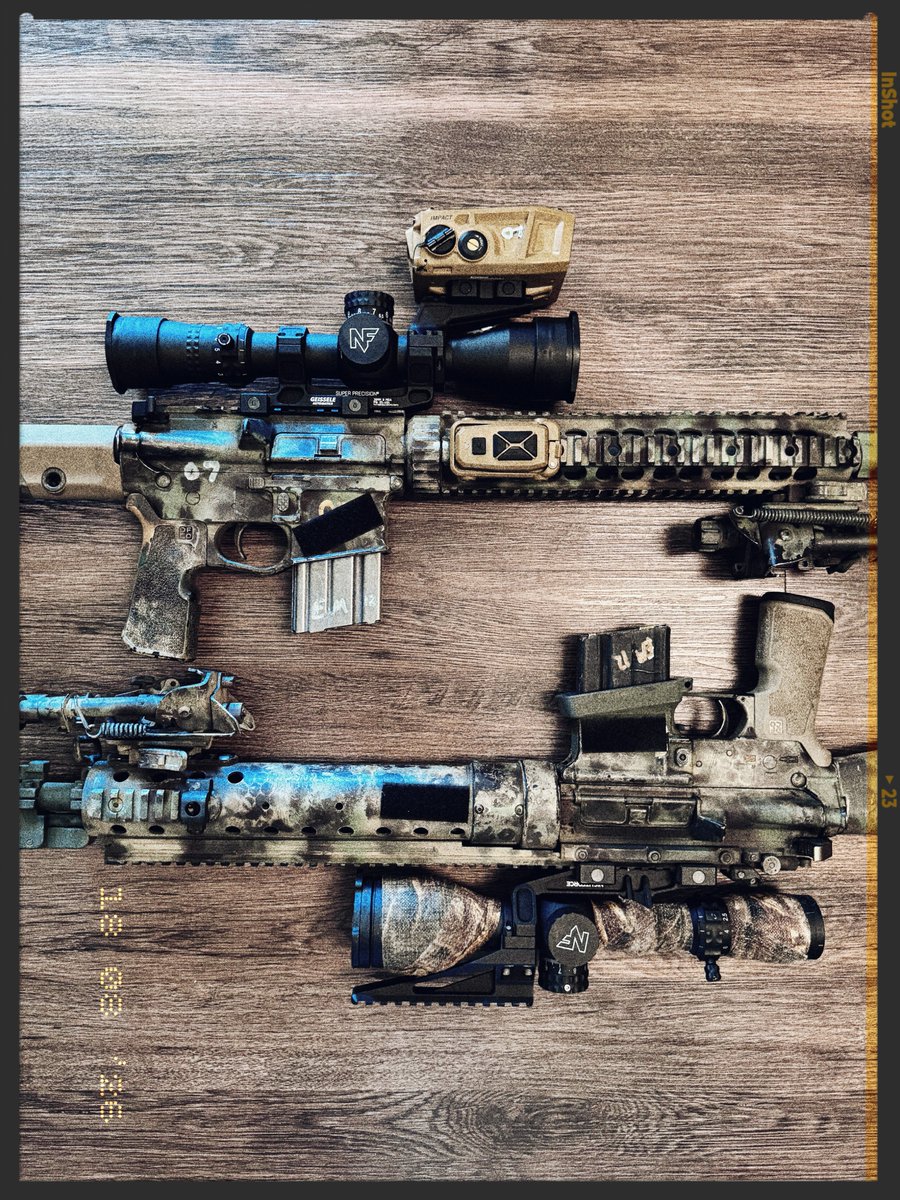 OpticsPlanet's tweet photo. OXYMORON: Unhealthy MK12 obsession.

MK12 mod 1 w/ NX-6 | 2-12

MK12 mod 0 w/ NX-8 | 2.5-20

Powered by @rosco_mfg barrels and bolts

Scopes held in by NF Mount and @GeisseleAuto Super precision mount.

Triggers SSAE Geissle Triggers 2 stage

@GriffinArmament PSR 5 & 7 suppressors to keep the sounds civilized 

Impact 4000 LRF 

📷 by @barrelandhatchettg