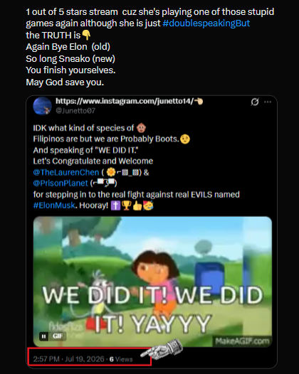 Junetto07's tweet photo. @TheLaurenChen Fiancée Duty &amp; Featured Story: 🧐
🤝@PrisonPlanet😡
❤️🫅🥰@TheLaurenChen😡
❤️🫅🥰@Partisangirl🐒
❤️🫅🥰 @stclairashley 😡
#Others
Said:
"Bye!!!👎👋 Ya'll"  (#Old Case)
to 👇 BECAUSE 🤮
@Sneako👺💩👹❌
@ElonMusk💩👺👹❌

#Beware #Stop #PRAY✝️ https://t.co/L24swuXng7
