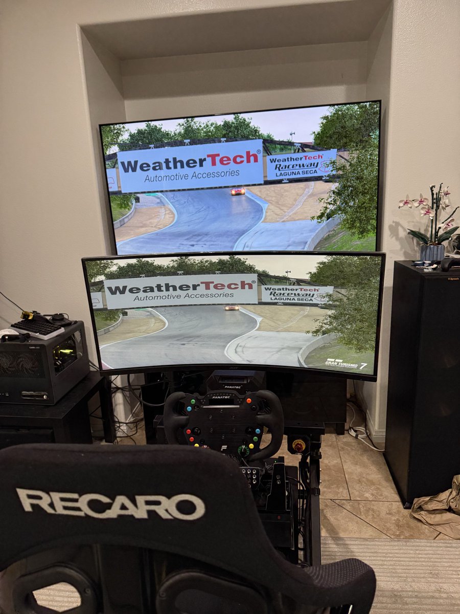 hyp36rmax's tweet photo. Our console sim rig is coming along. Slight compromise on aspect ratio. It is what it is 🤷
#GT7 #LagunaSeca #justdrive @fanatec @fanatec_jp https://t.co/o7oBCdLxvn