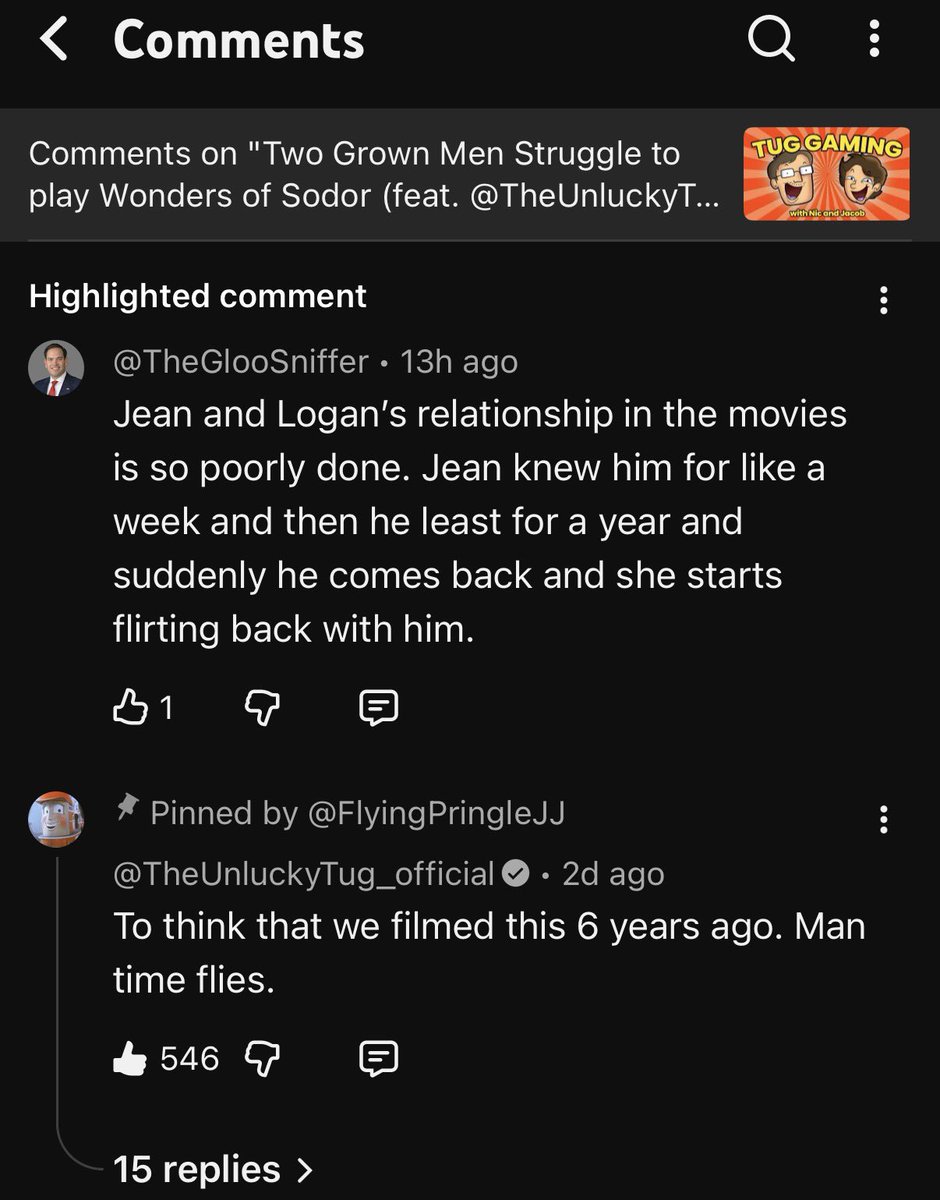 Cobratitt's tweet photo. I posted this on a video about X-Men, but for some reason YouTube is saying I posted it on the new JJ video. I literally posted it while I was watching the video so I have no idea what the fuck happened. Does this comment show up on JJ’s video for anyone else? https://t.co/lms9JL6CdJ