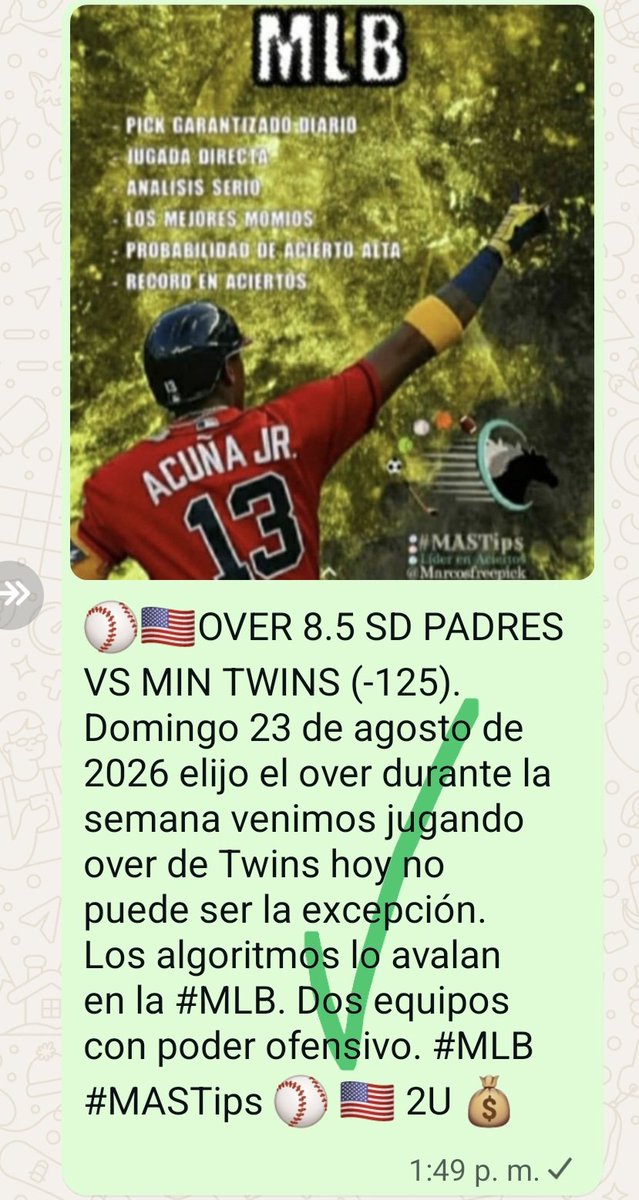 MASTIPSFreepick's tweet photo. Jugada del día acertada #MLB #MASTips
#Freepicks #teamparieur https://t.co/RdlM6H7oCj