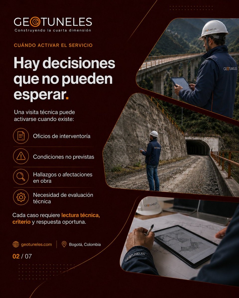 GeotunelesSAS's tweet photo. ¿Su infraestructura necesita una evaluación técnica?

En GEOTUNELES realizamos visitas, inspecciones y conceptos especializados para túneles, puentes, taludes y otras estructuras.

Análisis técnico y recomendaciones para una toma de decisiones confiable.

📩 info@geotuneles.com https://t.co/iwfVe71w1T