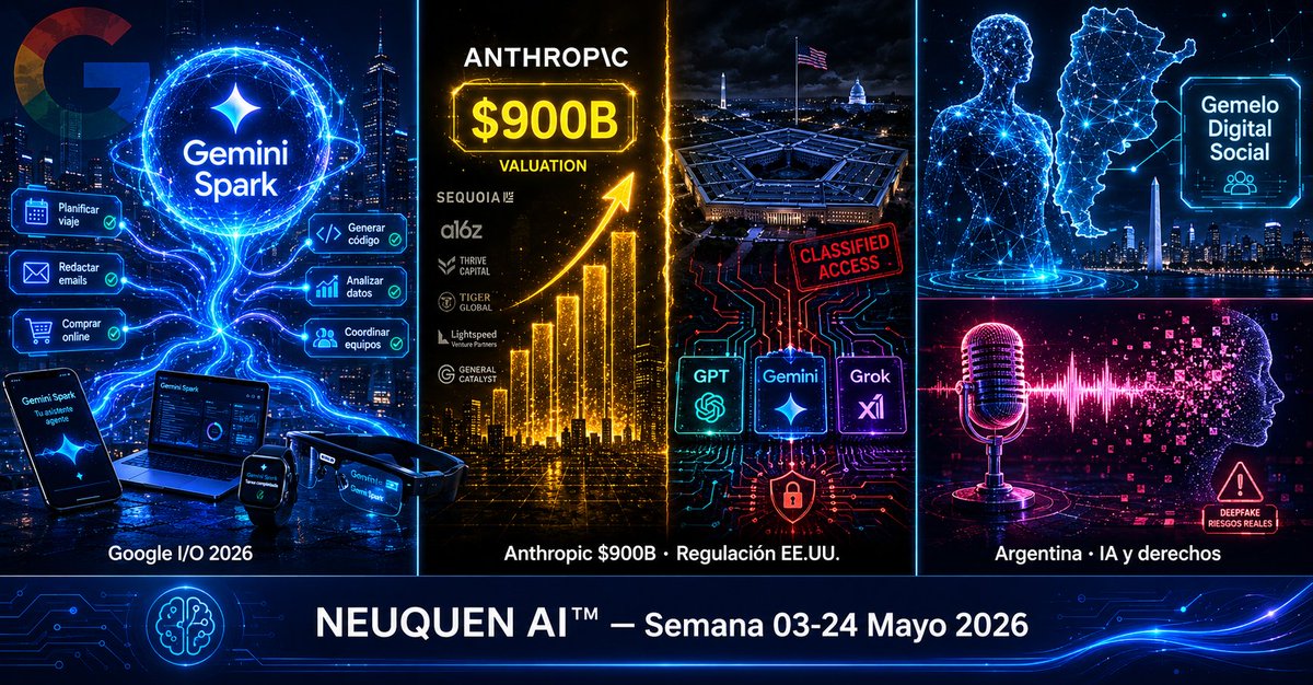 neuquenai's tweet photo. Google lanzó Gemini 3.5 y Spark marcando el inicio de la era agéntica, Anthropic negocia una valuación de USD 900B, EE.UU. exige a Google, Microsoft y xAI compartir sus modelos con el gobierno, y dos señales locales: el Gemelo Digital Social del gobierno argentino y la campaña de Ricardo Darín por la regulación de IA. 

Seis noticias de la semana del 19 al 24 de mayo.

🔍 01 | Google I/O 2026
Google presentó más de cien anuncios con una tesis central: pasar de buscador a plataforma de agentes. Gemini 3.5 Flash llega con velocidad cuatro veces superior a los modelos frontera, y Gemini Spark es un agente personal activo 24 horas integrado en Android. El plan AI Ultra bajó de USD 250 a USD 100 mensuales.

🧠 Visión NEUQUEN AI™: la pregunta para empresas de la región es concreta, qué tareas repetitivas de alto volumen pueden delegarse a un agente de punta a punta. 
Quien defina esa respuesta hoy tiene una ventana de seis a doce meses antes de que la competencia lo haga por necesidad.

💰 02 | Anthropic a USD 900B
Anthropic negocia una ronda de al menos USD 30.000M a una valuación superior a USD 900.000M, lo que la convertiría en la startup privada de IA más valiosa del mundo, superando a OpenAI. 
Claude Code ya factura USD 2.500M anualizados. 
En paralelo, Anthropic litiga contra el Pentágono tras negarse a permitir el uso de sus modelos en armas autónomas.

🧠 Visión NEUQUEN AI™: el valor en la industria ya no lo define solo quien construye el modelo más poderoso, sino quien logra que sea confiable y auditable. 
Para cualquier organización que elige un proveedor de IA, la postura ética no es un detalle secundario, es parte de la ecuación de riesgo.

📈 03 | OpenAI rompe con Microsoft
OpenAI confirmó ARR de USD 25.000M, duplicando sus ingresos en cuatro meses, y rompió su exclusividad de distribución con Microsoft: desde el 27 de abril sus modelos se venden directamente en AWS y Google Cloud.

🧠 Visión NEUQUEN AI™: la competencia entre las tres nubes por ofrecer el mejor acceso a modelos de frontera presiona los precios hacia abajo. 
Para empresas de Patagonia en producción, el momento de renegociar contratos llegó antes de lo esperado.

🔐 04 | Regulación en EE.UU.
NIST confirmó que Google DeepMind, Microsoft y xAI ahora comparten versiones no publicadas de sus modelos con el gobierno de EE.UU. antes del lanzamiento público, sumándose a OpenAI y Anthropic. El cambio se aceleró tras la preocupación que generó Claude Mythos al identificar vulnerabilidades críticas en sistemas financieros heredados.

🧠 Visión NEUQUEN AI™: lo que EE.UU. exige hoy a sus laboratorios llegará como requisito contractual a Argentina en 18 a 36 meses, especialmente en energía, banca e infraestructura. 
Documentar qué modelos se usan y con qué datos ya no es burocracia, es el estándar que el mercado empieza a exigir.

🧬 05 | Gemelo Digital Social
El gobierno argentino presentó el Gemelo Digital Social, una plataforma que integra datos de múltiples organismos del Estado para simular el impacto de políticas públicas antes de aplicarlas. 
Chequeado advirtió que el anuncio no especifica qué datos individuales replica ni qué marco de privacidad lo regula.

🧠 Visión NEUQUEN AI™: la simulación de escenarios antes de decisiones costosas ya se usa en logística, manufactura y energía. 
Si el Estado lo implementa con gobernanza adecuada, abre la puerta a que provincias como Neuquén apliquen la misma lógica en planificación hídrica y energética.

🎭 06 | Regulación de imagen e IA
Ricardo Darín encabezó una campaña de la Asociación Argentina de Actores para exigir regulación sobre el uso de imagen, voz e identidad de artistas en contenido generado con IA. 
La iniciativa llega tras la denuncia de un periodista cuyas imágenes alteradas se usaron para estafar personas en redes sociales.

🧠 Visión NEUQUEN AI™: cualquier empresa que use IA generativa con personas reales enfrenta riesgos legales y reputacionales sin consentimientos documentados. 
En Argentina, la ausencia de ley no equivale a ausencia de consecuencia, el derecho a la imagen está protegido constitucionalmente.

¿Cuál de estas señales impacta más directo en tu sector? Conversemos.

🔗 https://t.co/VBntVpPCob
