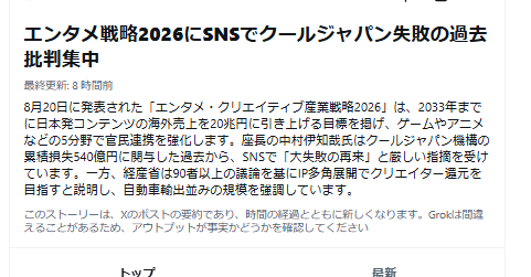 KNHjyohokyoku's tweet photo. クールジャパンに54億円をつぎ込んで、大コケ。

その失敗をきちんと検証するでもなく、責任を問うでもなく、
今度は「エンタメ戦略2026」ですか。

もう一般の国民は、最低限の文化的な生活を維持することさえ、限界に近づいているというのに。

国民には負担、負担、負担。
一方で、こういうところには次から次へと税金をつぎ込む。

これじゃあ、いくら私たちから税金を絞り取っても、いくらあっても足りない。
いい加減にしろ。