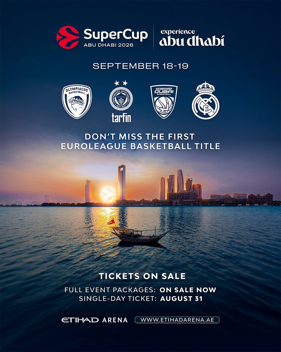 EuroLeague's tweet photo. 🏀 History will be made in Abu Dhabi!

The first-ever Euroleague Basketball SuperCup comes to Etihad Arena on 18–19 Sept. 2026, featuring @Olympiacos_BC, @FBBasketbol, @RMBaloncesto  and @dubaibasket.

Full Event Package Tickets now on sale at the Etihad Arena webpage: https://t.co/4MMEyTjVbo

The new EuroLeague season starts here.